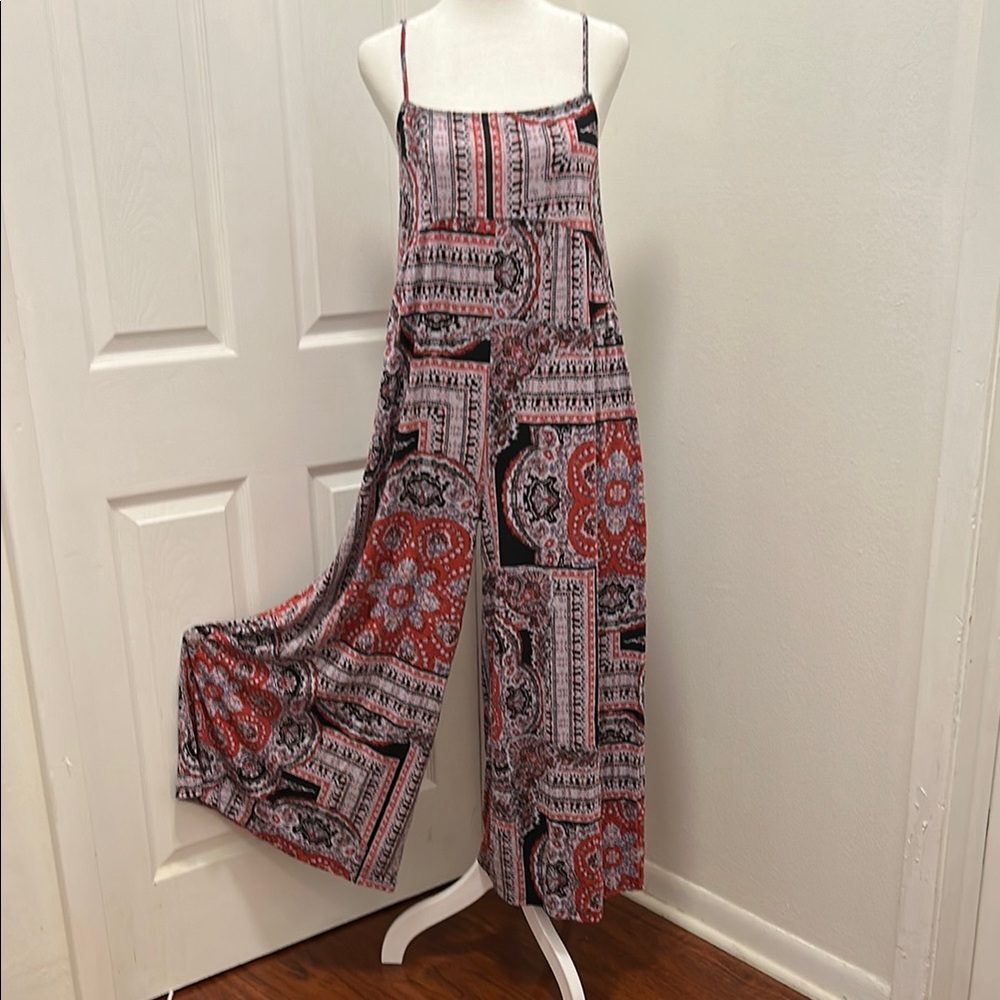 Free People Black White Red Geometric Print Jumpsuit